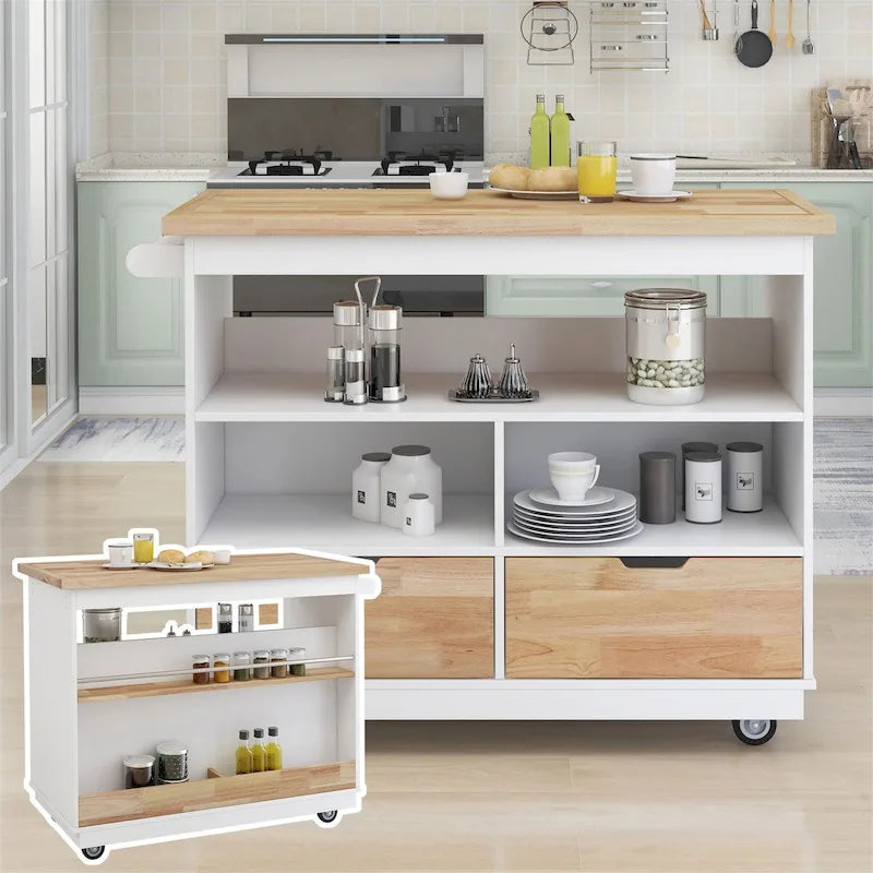 Grey Blue / White Two-Sided Kitchen Island Cart on Wheels, with Storage