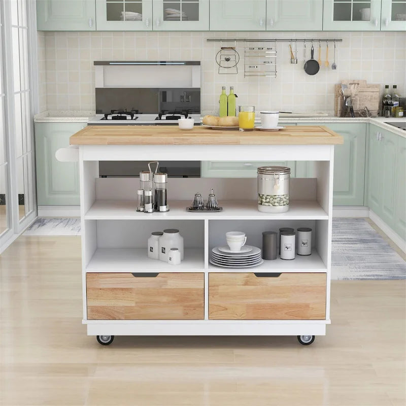 Grey Blue / White Two-Sided Kitchen Island Cart on Wheels, with Storage