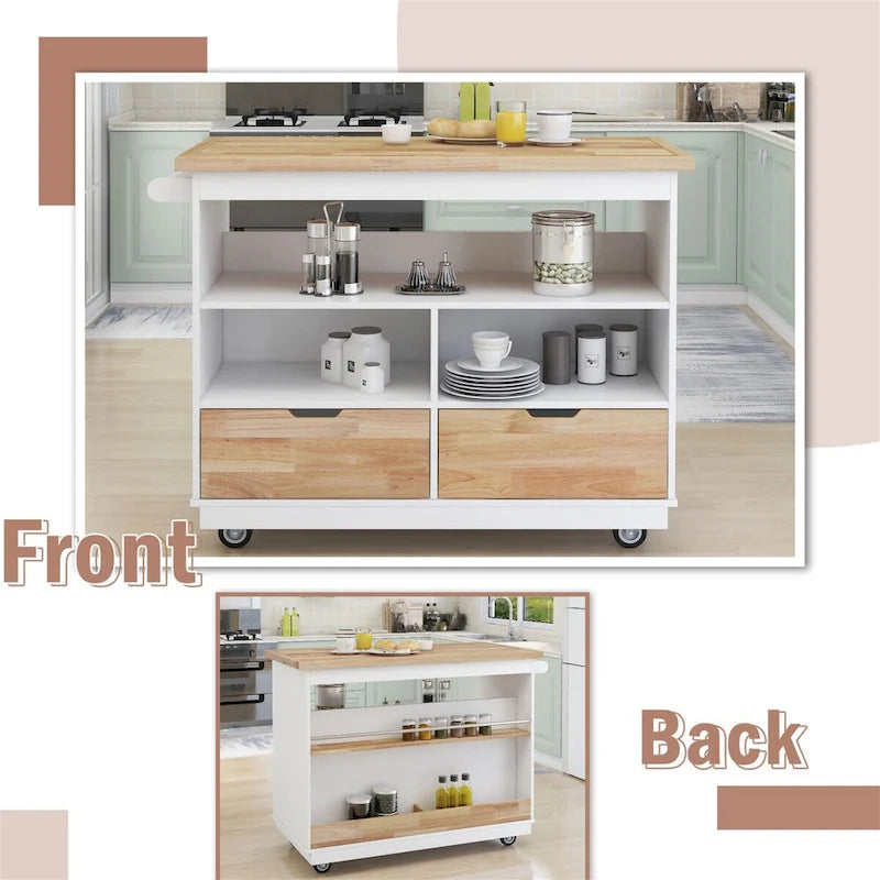 Grey Blue / White Two-Sided Kitchen Island Cart on Wheels, with Storage