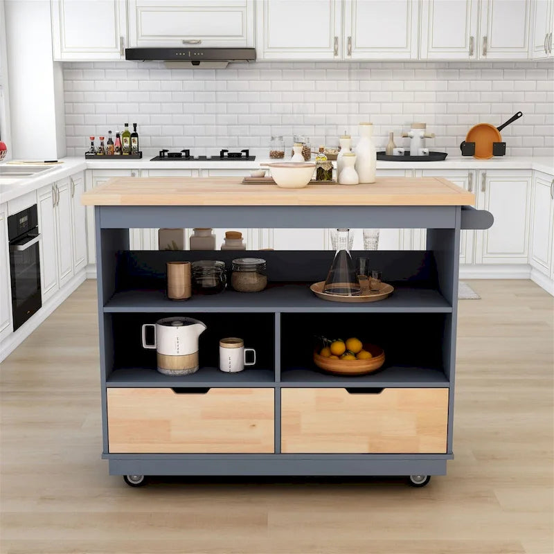 Grey Blue / White Two-Sided Kitchen Island Cart on Wheels, with Storage