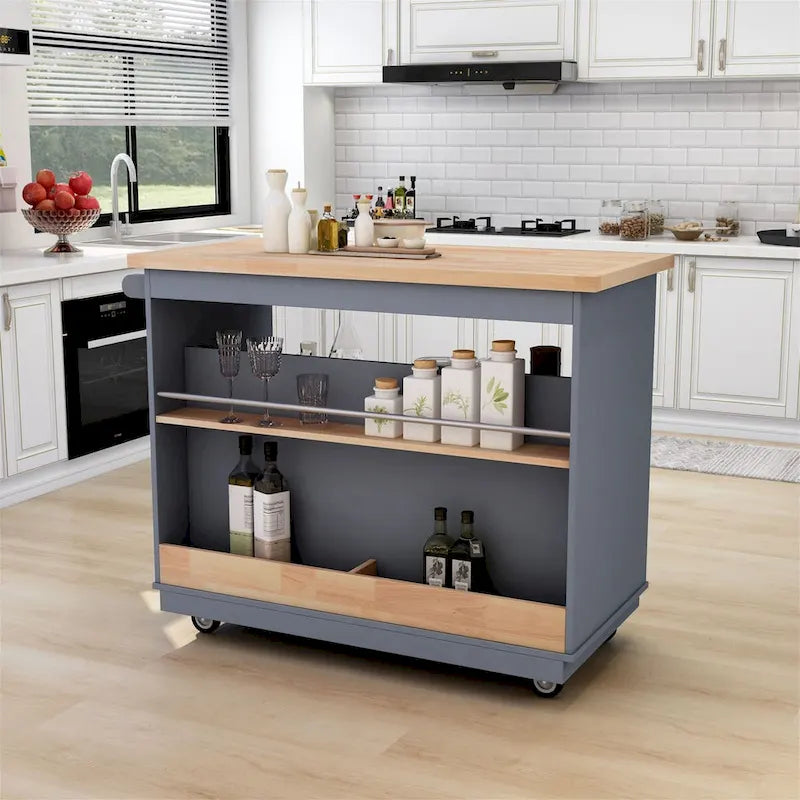 Grey Blue / White Two-Sided Kitchen Island Cart on Wheels, with Storage