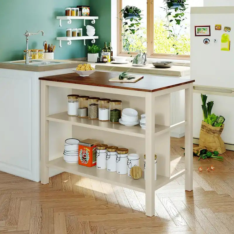 Walnut Rubberwood Kitchen Island with 2 Open Shelves, Seats 2