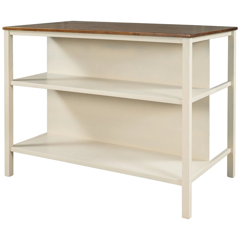 Walnut Rubberwood Kitchen Island with 2 Open Shelves, Seats 2