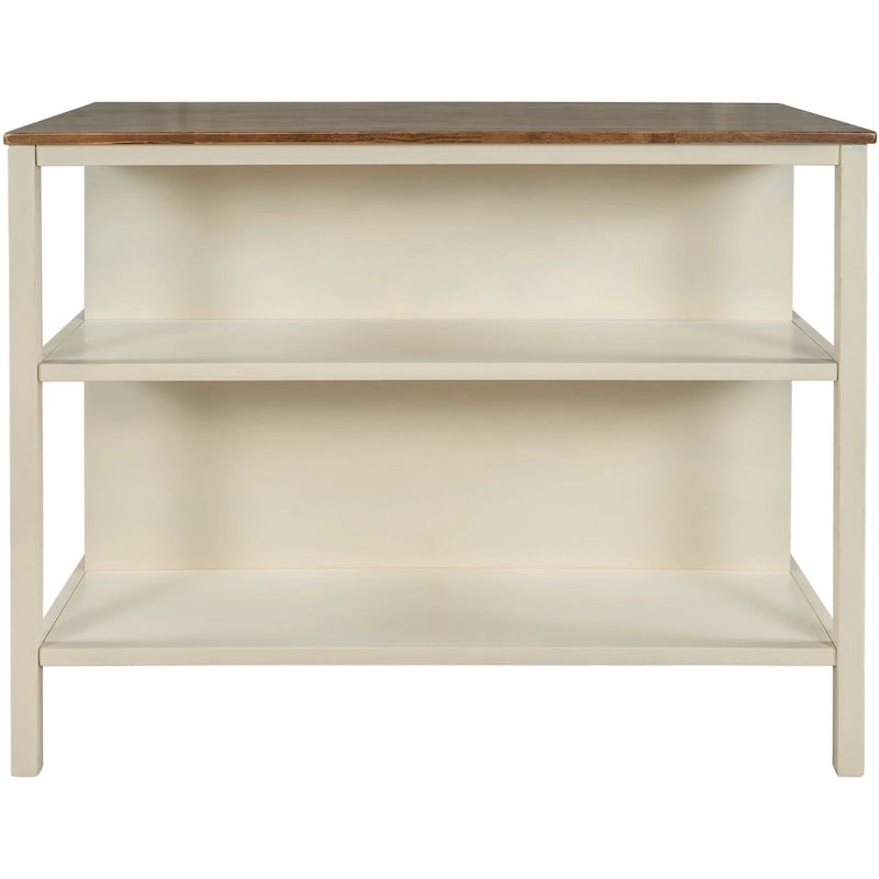 Walnut Rubberwood Kitchen Island with 2 Open Shelves, Seats 2