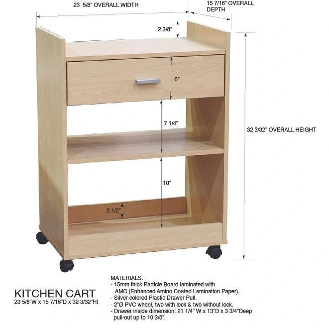 Black Kitchen Cart with Drawer & Shelves, Single-User