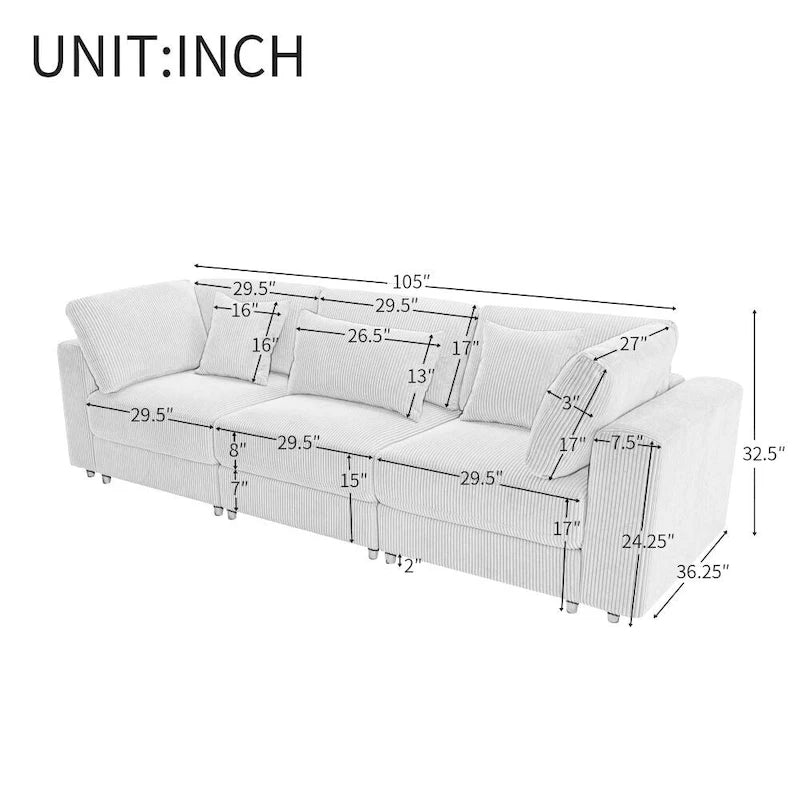 Grey / Beige Corduroy 3-Seater Sofa with Removable Back Cushions and Pillows