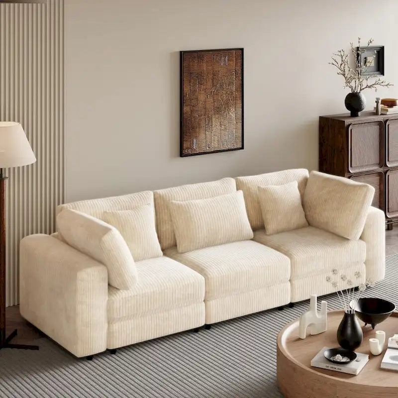 Grey / Beige Corduroy 3-Seater Sofa with Removable Back Cushions and Pillows