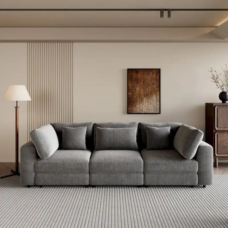 Grey / Beige Corduroy 3-Seater Sofa with Removable Back Cushions and Pillows