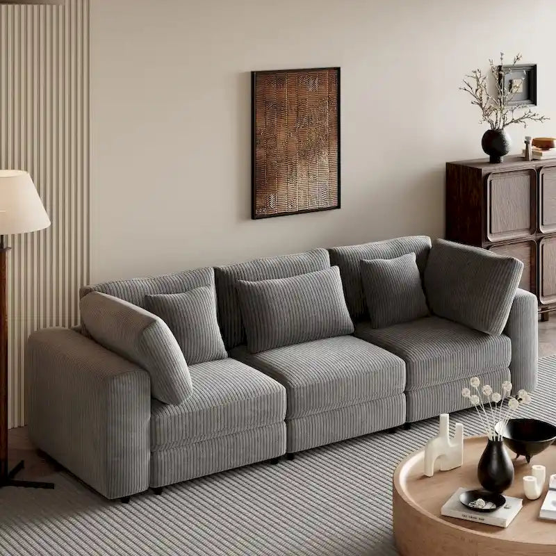 Grey / Beige Corduroy 3-Seater Sofa with Removable Back Cushions and Pillows
