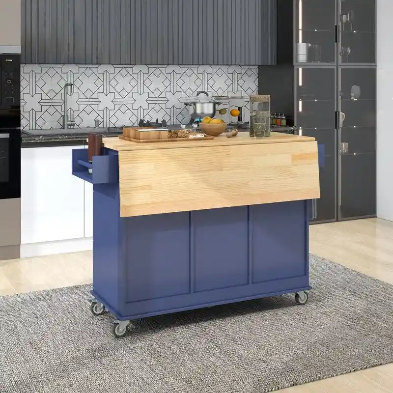 Black / White / Blue Rolling Kitchen Island with Drop Leaf, Seats 2