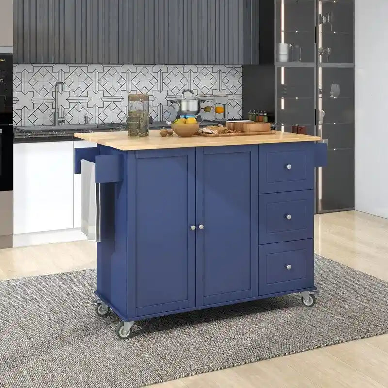 Black / White / Blue Rolling Kitchen Island with Drop Leaf, Seats 2