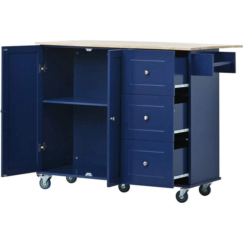Black / White / Blue Rolling Kitchen Island with Drop Leaf, Seats 2