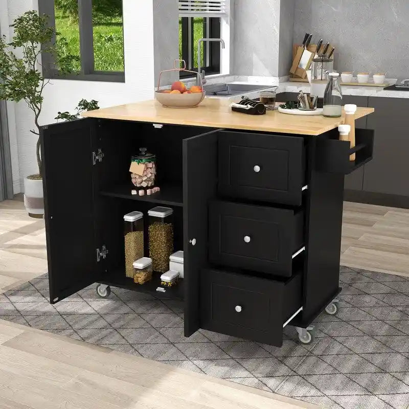 Black / White / Blue Rolling Kitchen Island with Drop Leaf, Seats 2