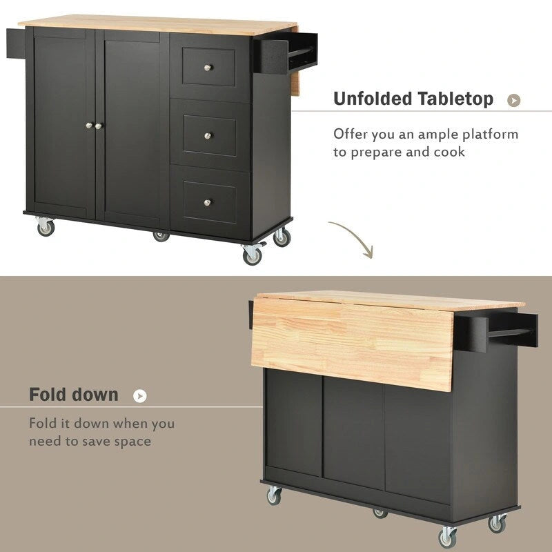 Black / White / Blue Rolling Kitchen Island with Drop Leaf, Seats 2
