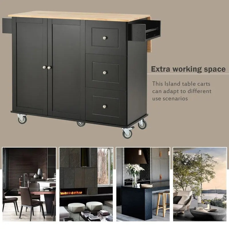 Black / White / Blue Rolling Kitchen Island with Drop Leaf, Seats 2