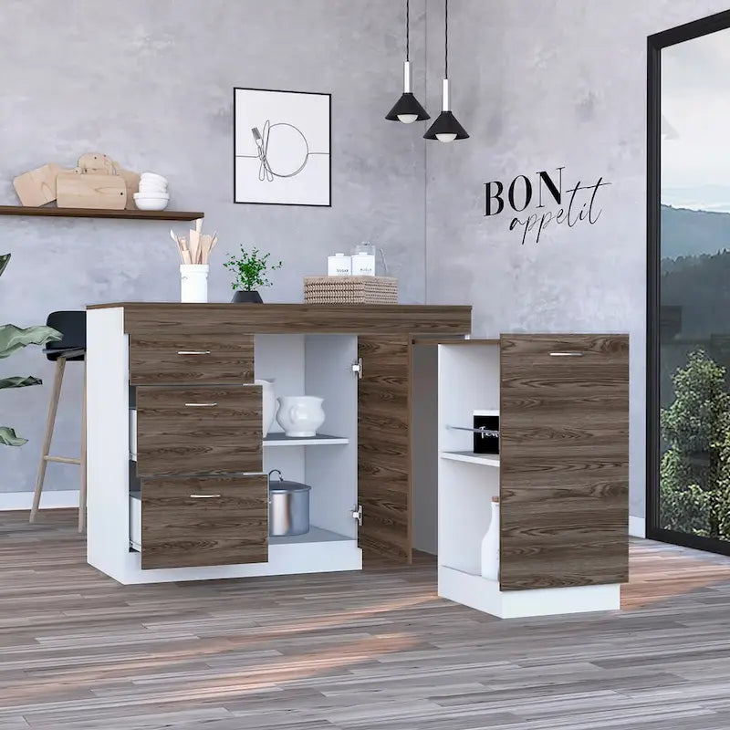 Multi-Color Stationary Kitchen Base Cabinet with 3 Drawers & Wood Top