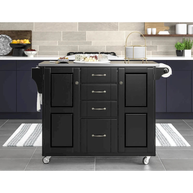 Black Kitchen Cart with Stainless Steel Top, Single User