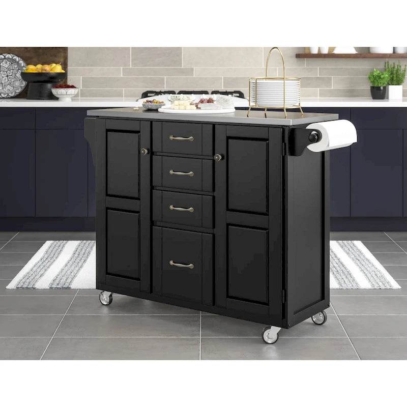 Black Kitchen Cart with Stainless Steel Top, Single User