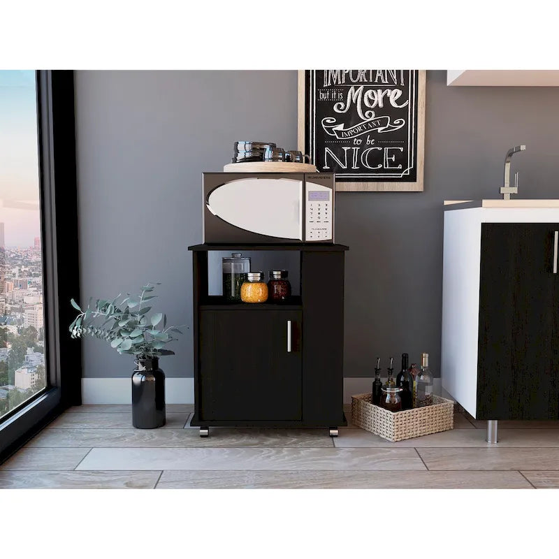 Black Single-Door Microwave Cabinet with 3 Side Shelves