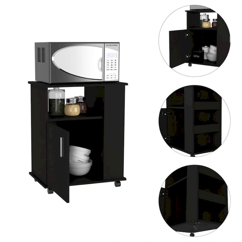 Black Single-Door Microwave Cabinet with 3 Side Shelves