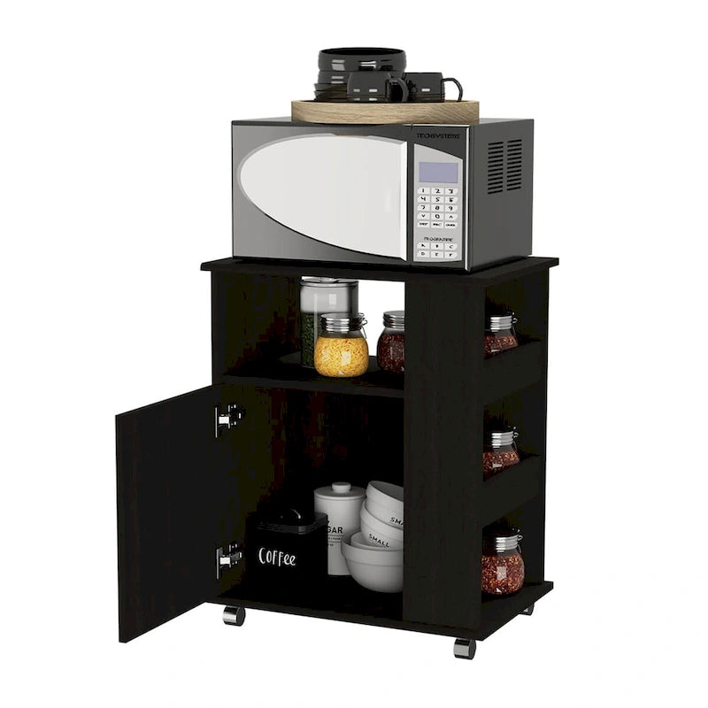Black Single-Door Microwave Cabinet with 3 Side Shelves