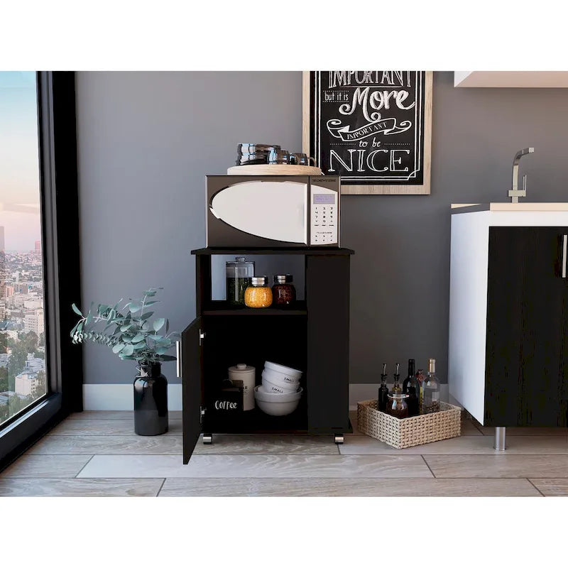 Black Single-Door Microwave Cabinet with 3 Side Shelves