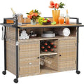 Brown / Black Wicker Bar Cart with Wheels, 2-Tier, 1-Person Use