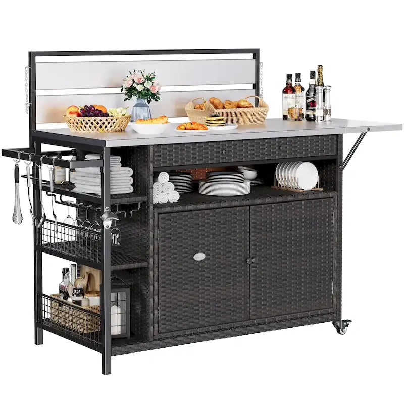 Brown / Black Wicker Bar Cart with Wheels, 2-Tier, 1-Person Use