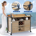 Brown / Black Wicker Bar Cart with Wheels, 2-Tier, 1-Person Use