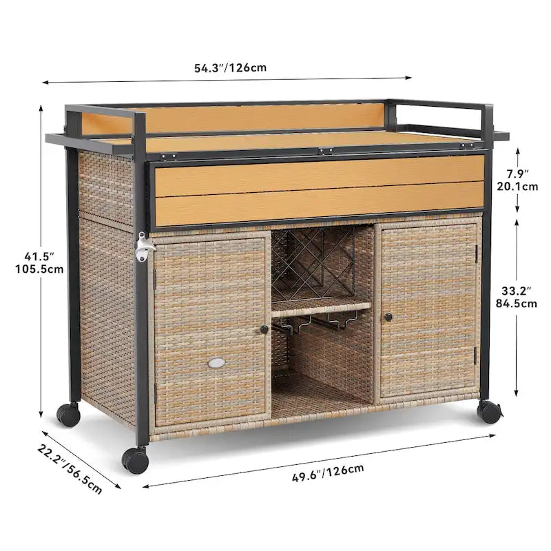 Brown / Black Wicker Bar Cart with Wheels, 2-Tier, 1-Person Use