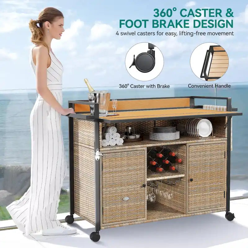 Brown / Black Wicker Bar Cart with Wheels, 2-Tier, 1-Person Use