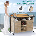 Brown / Black Wicker Bar Cart with Wheels, 2-Tier, 1-Person Use