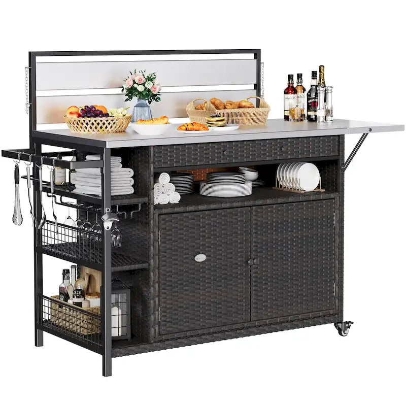 Brown / Black Wicker Bar Cart with Wheels, 2-Tier, 1-Person Use