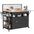 Brown / Black Wicker Bar Cart with Wheels, 2-Tier, 1-Person Use