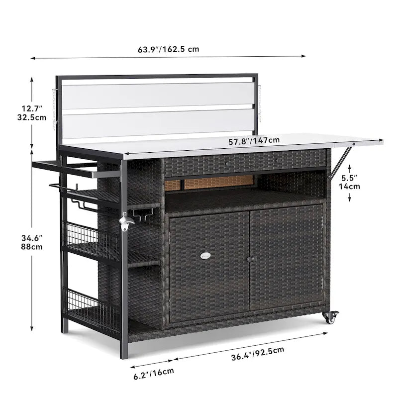 Brown / Black Wicker Bar Cart with Wheels, 2-Tier, 1-Person Use