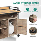 Brown / Black Wicker Bar Cart with Wheels, 2-Tier, 1-Person Use