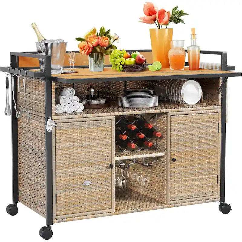 Brown / Black Wicker Bar Cart with Wheels, 2-Tier, 1-Person Use