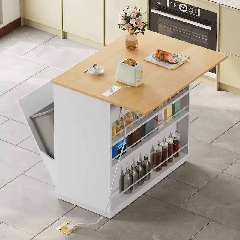 White/Black Rolling Kitchen Island with Drop Leaf, Tilt-Out Trash Cabinet & Power Outlet, Seats 2