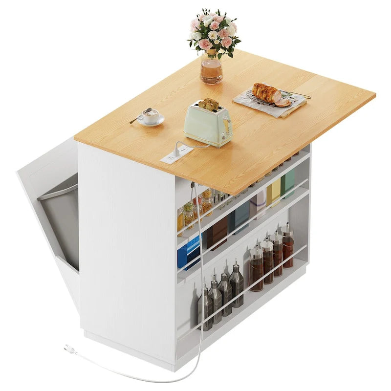 White/Black Rolling Kitchen Island with Drop Leaf, Tilt-Out Trash Cabinet & Power Outlet, Seats 2