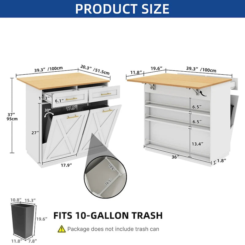 White/Black Rolling Kitchen Island with Drop Leaf, Tilt-Out Trash Cabinet & Power Outlet, Seats 2