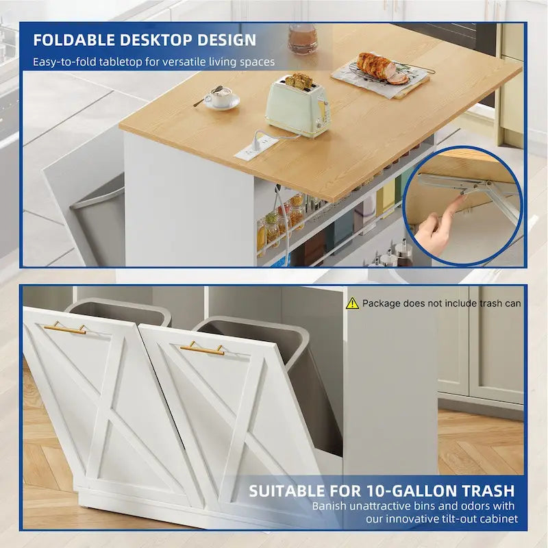 White/Black Rolling Kitchen Island with Drop Leaf, Tilt-Out Trash Cabinet & Power Outlet, Seats 2