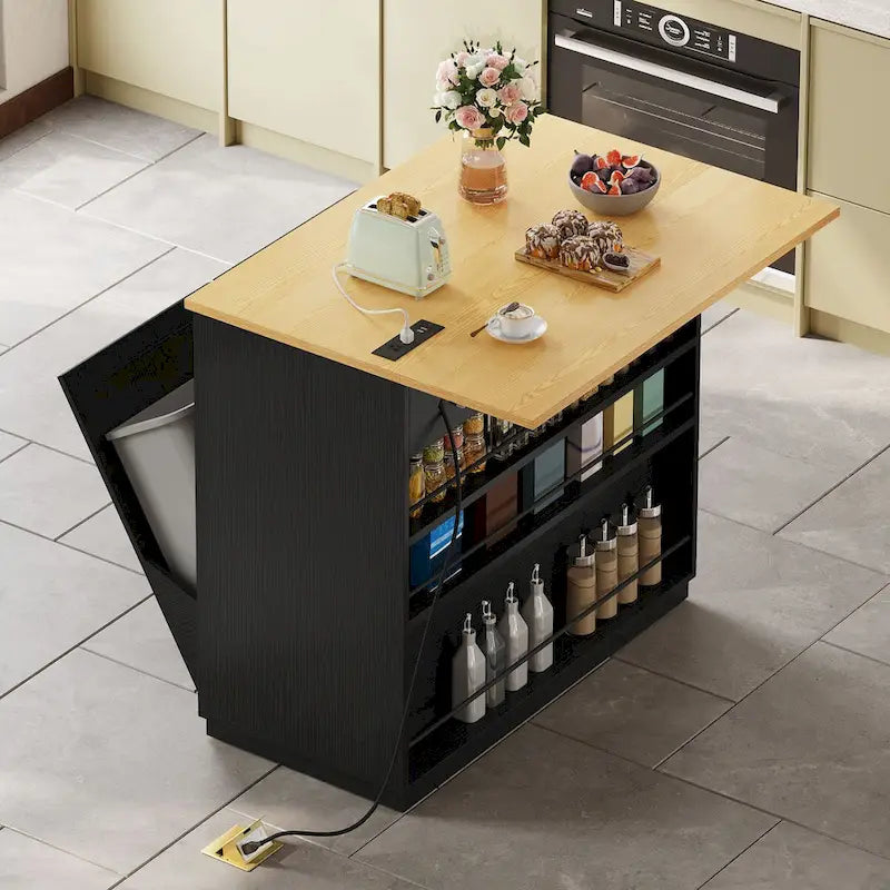 White/Black Rolling Kitchen Island with Drop Leaf, Tilt-Out Trash Cabinet & Power Outlet, Seats 2