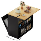 White/Black Rolling Kitchen Island with Drop Leaf, Tilt-Out Trash Cabinet & Power Outlet, Seats 2