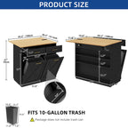 White/Black Rolling Kitchen Island with Drop Leaf, Tilt-Out Trash Cabinet & Power Outlet, Seats 2