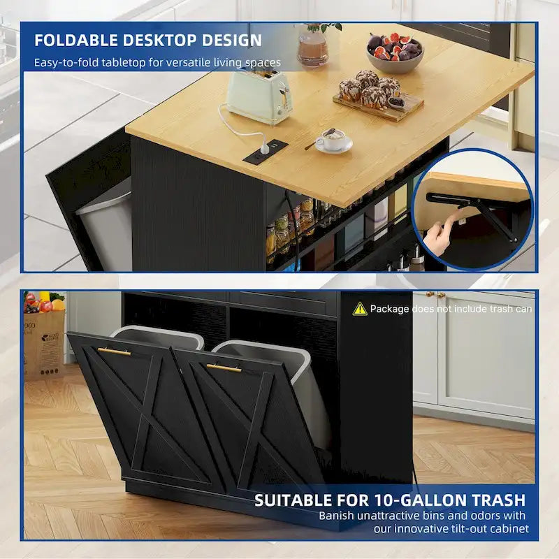 White/Black Rolling Kitchen Island with Drop Leaf, Tilt-Out Trash Cabinet & Power Outlet, Seats 2
