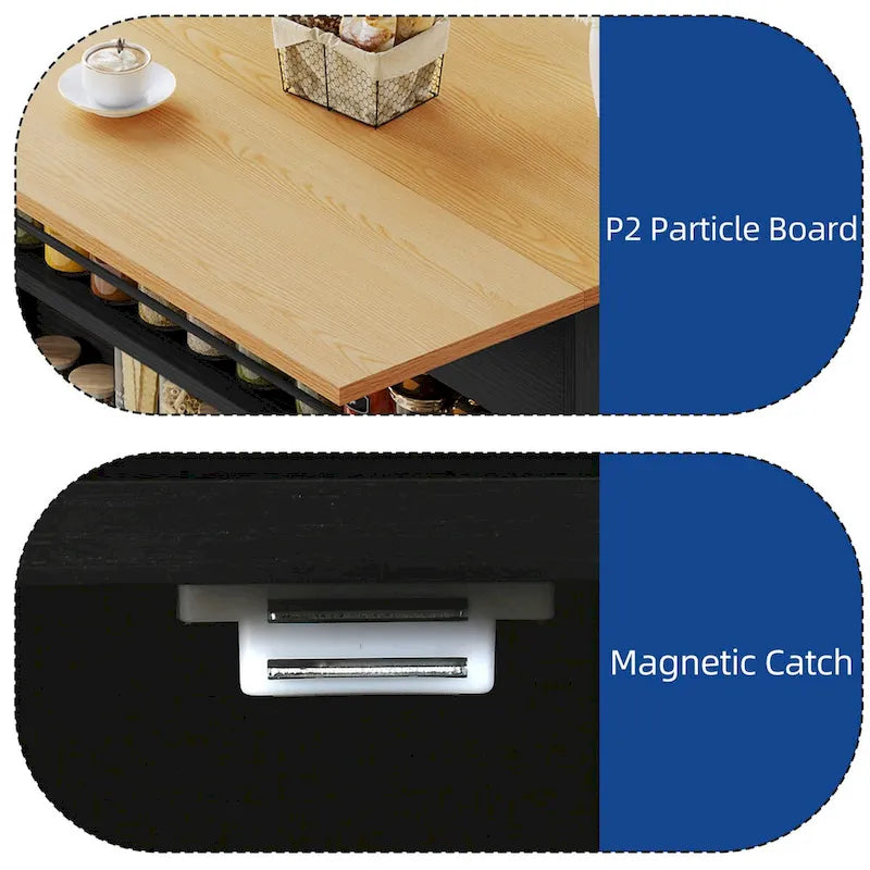 White/Black Rolling Kitchen Island with Drop Leaf, Tilt-Out Trash Cabinet & Power Outlet, Seats 2
