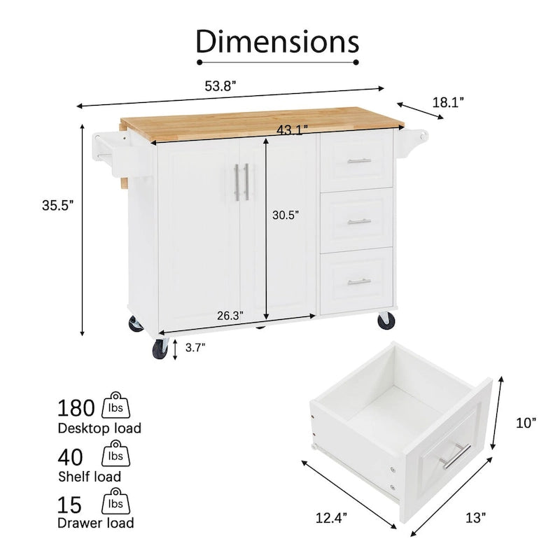 53.8 in. W Rolling Kitchen Island with Internal Storage Rack and Three Drawers