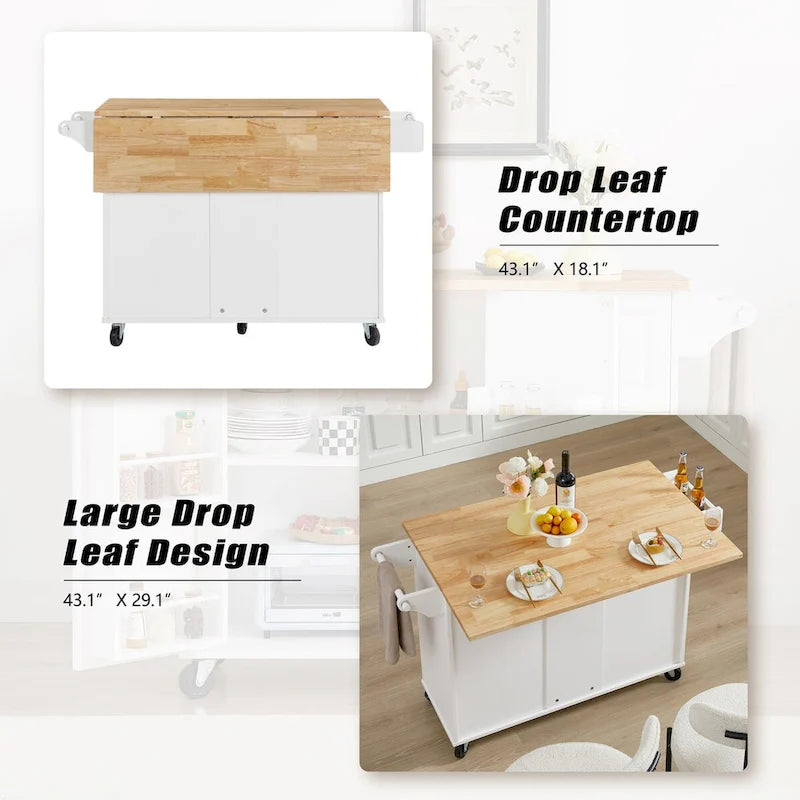 53.8 in. W Rolling Kitchen Island with Internal Storage Rack and Three Drawers