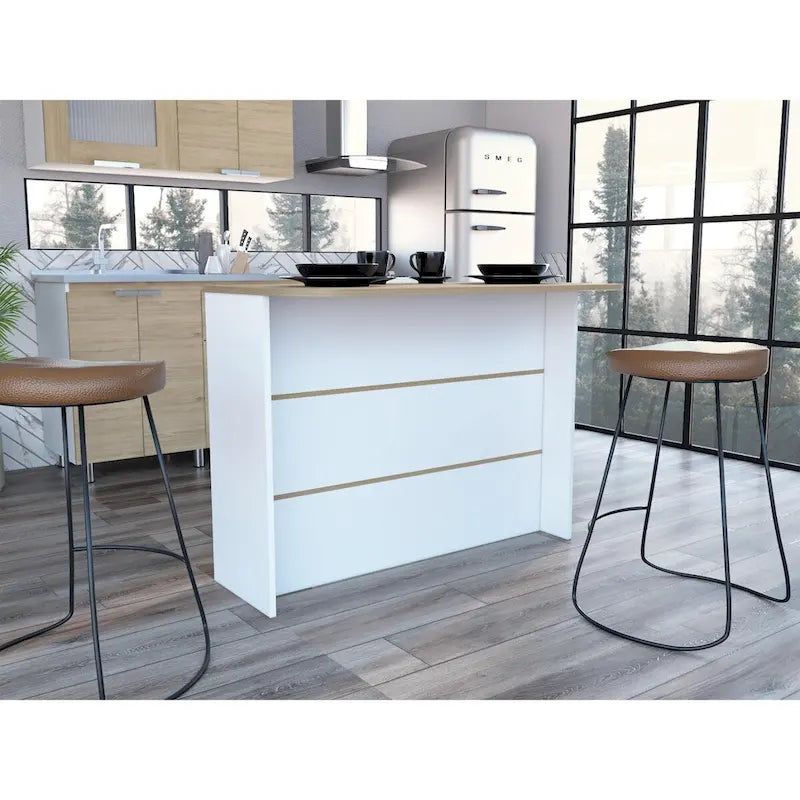 White Light Pine Kitchen Island with Seating, Wood Top