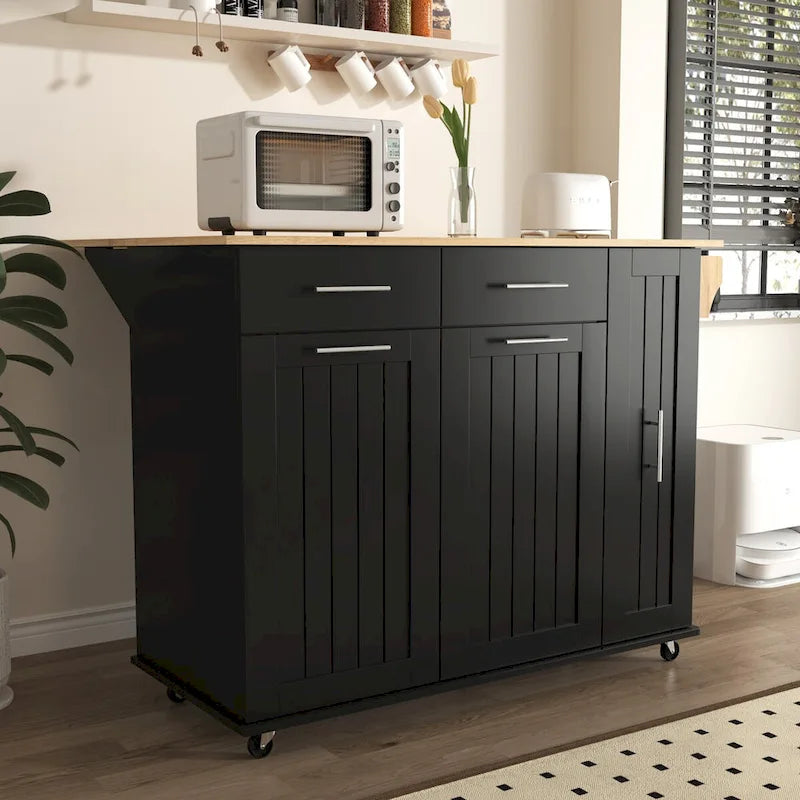 Black/White Rolling Kitchen Island Cart with Drop Leaf, 3-Tier Pull-Out Organizer & Towel Rack, 1-Person Assembly
